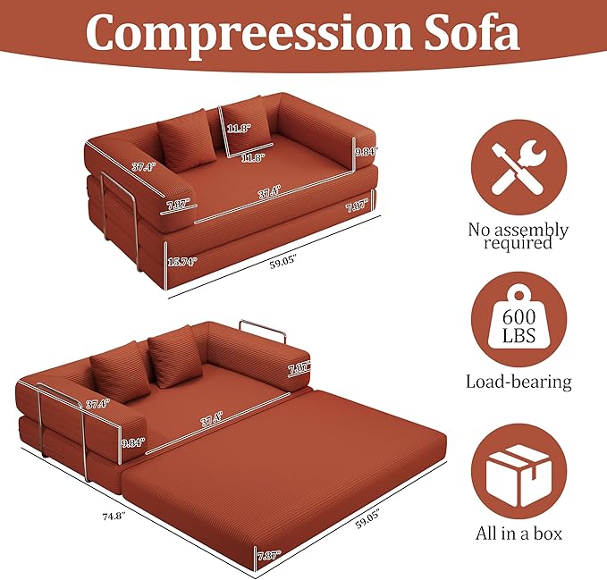 4-in-1 Foldable Sofa Bed Teddy Fabric Foam-Filled Compressed Couch, Convertible Loveseat Sofa, Boneless FoldingSleeper for Living Room, Guest Bed, Playroom (Orange, 59” 2 Seat)