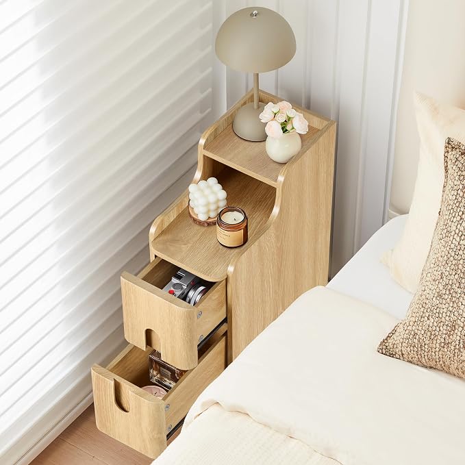 Small Nightstand Set of 2, Wood 2 Drawer Narrow Nightstand, Slim Side Table, Modern Skinny End Bedside Table, Natural Wood Night Stand with Drawers for Bedroom (Natural-2 pcs) - Image 3