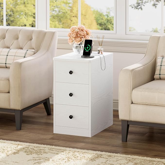 LIKIMIO Nightstand with Charging Station, Narrow Bedside Table with 3 Drawers, End Table with USB Ports and Outlets, Side Table for Living Room/Bedroom Modern - Image 5