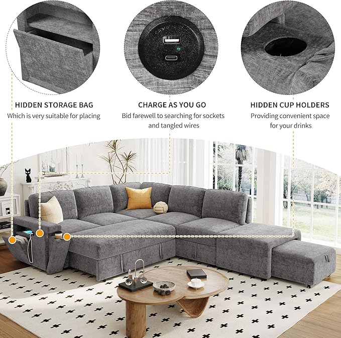 Ball & Cast 90.6" Convertible Sectional Couches Fabric Sofa Set with Pull Out Bed,L-Shaped Modular Padded Cloud w/Storage Space and USB Ports & Cup Holders on The Armrests,for Living Room,Gray