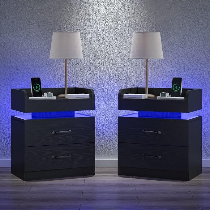 4ever2buy Black Nightstand Set of 2 with Charging Station and LED Lights Modern Bedside Tables with Drawers End Tables for Bedroom by 4ever2buy