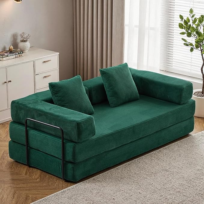Convertible Floor Sofa Bed, Fold Out Floor Couch with Pillow Back & Armrest, Compressed Couch with Fixed-Shape Frame, Corduroy Foldable Sleeper Sofa Bed for Living Room Bedroom, Dark Green