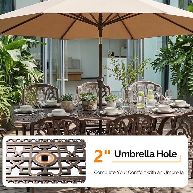 VINGLI 9-Piece Cast Aluminum Outdoor Dining Set for 8, Rectangular Patio Table with Umbrella Hole & 8 Stackable Chairs, All-Weather Garden/Poolside Furniture - Image 3