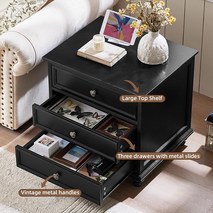 Joaxswe 24" Wide Farmhouse Night Stand,Large End Table with 3 Drawers & Metal Handle,Black Dresser for Bedroom, Bed Side Table Chest of Drawers Cabinet,Wood Nightstand for Living Room,Closet - Image 4