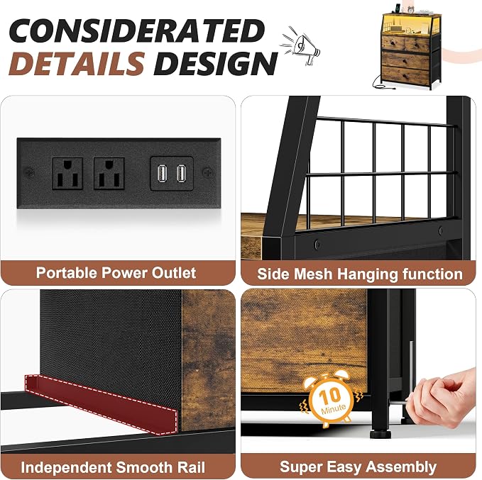 EnHomee Nightstands Set of 2, Bedside Table with Charging Station & LED Lights, End Table with 4 Fabric Drawers, Furniture for Bedroom, Dorm, Closet, Entryway, Wood Top, Rustic Brown | Night Stand, LED Lights, for Bedroom, with Outlets, 2 USB Ports - Image 6