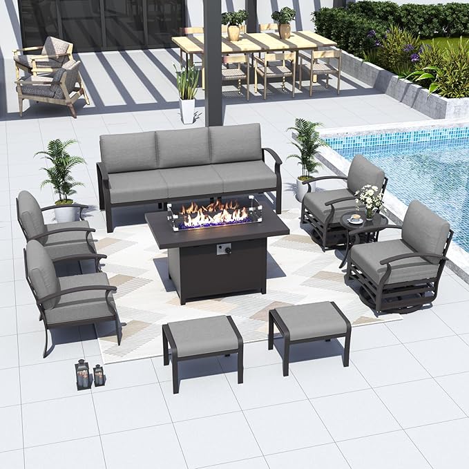 ALAULM Aluminum Patio Furniture Set with Propane Fire Pit Table 9-seat Metal Outdoor Furniture w/Swivel Chairs Patio Sectional Sofas w/2 Ottomans for Porch, Backyard, Poolside-Grey