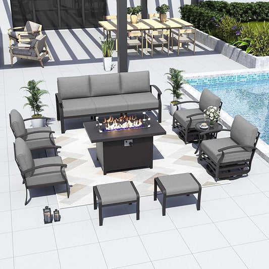 ALAULM Aluminum Patio Furniture Set with Propane Fire Pit Table 9-seat Metal Outdoor Furniture w/Swivel Chairs Patio Sectional Sofas w/2 Ottomans for Porch, Backyard, Poolside-Grey
