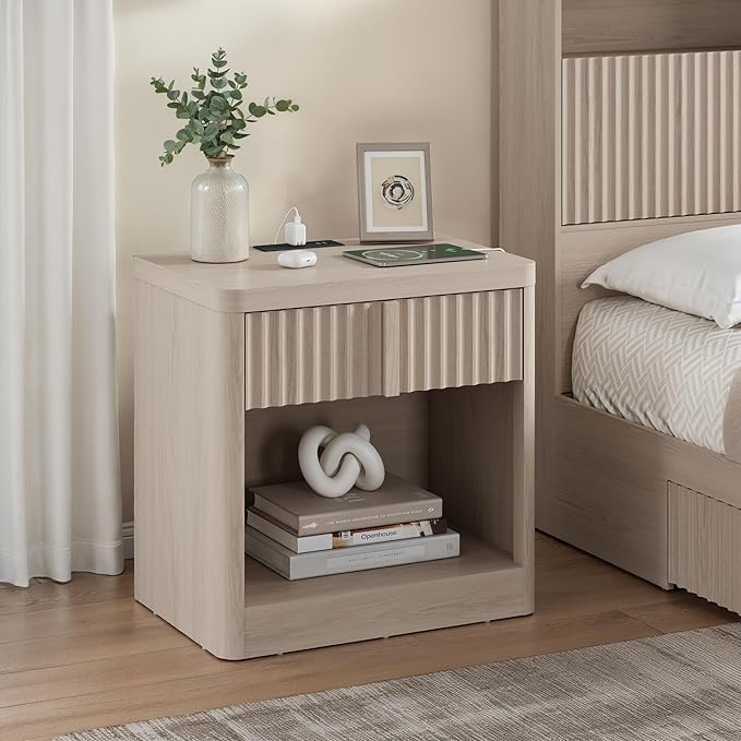 Fluted Dresser and Nightstand 4-Piece Bedroom Set, 47" Wide 6-Drawer + 49" Tall 6-Drawer Dresser and 2*Nightstands with Charging Station, Modern Bedroom Dressers Sets, Hallway, White Alder