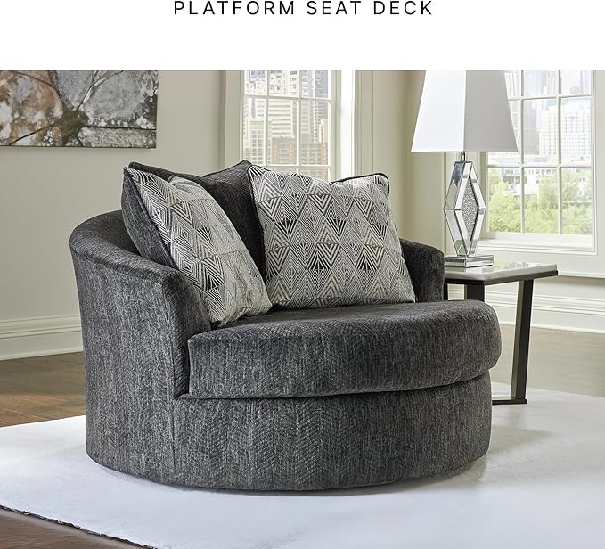 Signature Design by Ashley Biddeford Transitional Upholstered Oversized Swivel Accent Chair with 3 Accent Pillows, Black