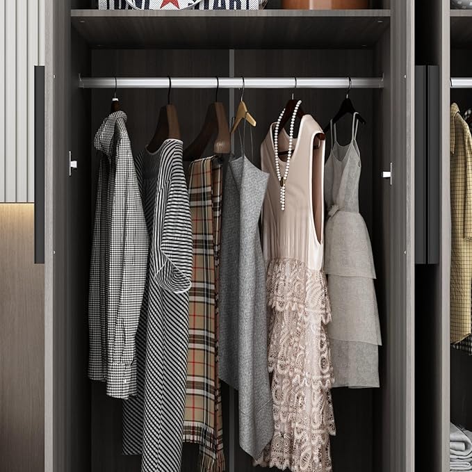MOUMON 4 Door Wardrobe with Shelves, Armoire Wardrobe Closet with Hanging Rod, Armoire Closet with Wooden Handles, Grey 18.9" D x 63”W x 70.9”H