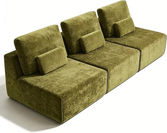 Modular Sectional Sofa, 3-Piece Green Plush Velvet Couch Loveseat, No-Assembly Compressed Deep-Seat 3-Seat for Living Rooms Family Spaces Reading Nooks
