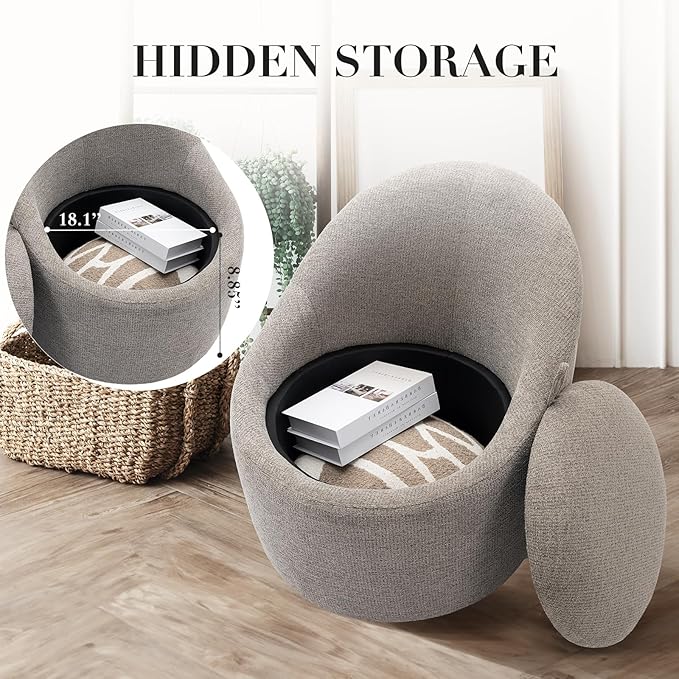 COLAMY Swivel Accent Chair Set of 2, 360° Swivel Round Chair with Hidden Storage, Modern Small Barrel Armchair for Living Room/Bedroom, LightGrey, Textile Material
