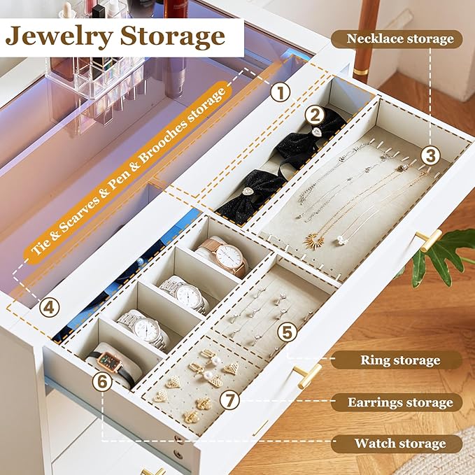Wardrobe Closet Island with Drawers, Glass Tabletop & LED Lights, Jewelry Dresser Display, Wooden Closet Storage Cabinet for Bedroom Cloakroom Shops, 30.7" W x 15.7" D x 38" H, White