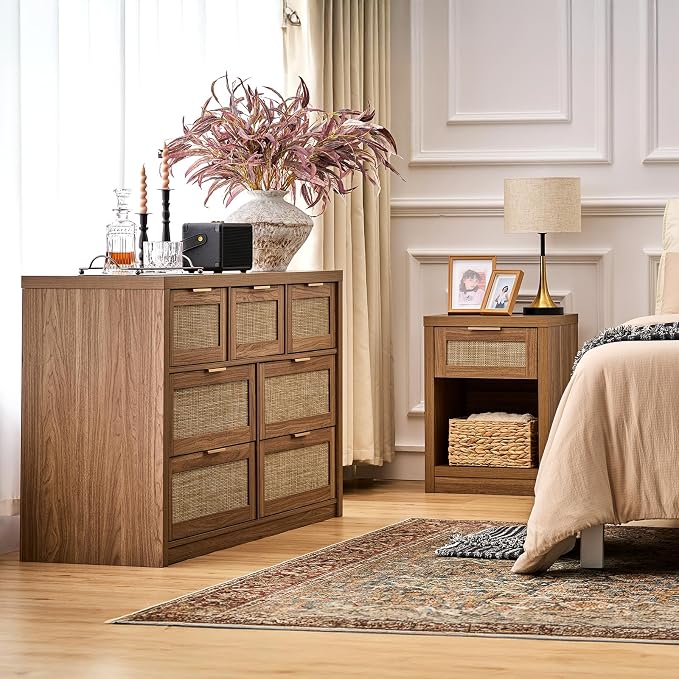 Walsham Rattan Nightstand Set of 2 with Charging Station, Boho Bedside Tables with Drawer and Open Shelf, USB-C, USB & 2 AC Outlets, Farmhouse End Tables for Bedroom, Weathered Oak - Image 8
