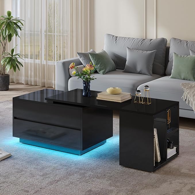 YITAHOME LED Coffee Table with Storage 4 Drawers, Modern Coffee Tables for Living Room, Wooden Rectangle Extendable Center Table with Open Shelves & Sliding Tabletop 35"- 61" for Home Office, Black