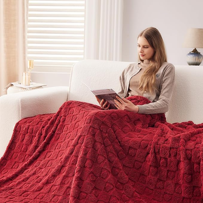 NEWCOSPLAY Super Soft Queen Blanket Red Premium Silky Flannel Fleece 3D Heart Checkered Lightweight Bed Blanket All Season Use (Red Heart, Queen(90"x90"))
