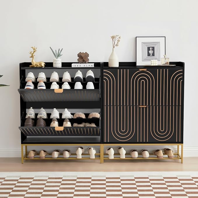 LEVNARY Narrow Shoe Storage Cabinet with 2 Flip Drawers, Wooden Freestanding Hidden Shoes Rack Organizer for Entryway, Mid-Century Modern Shoe Cabinet with Carving Lines for Hallway Foyer (1, Black) - Image 8