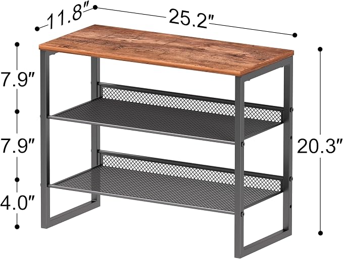 CHEMPFR Shoe Rack Organizer - Sturdy Steel Shoe Organizer for Closet Entryway with Spacious Top and Strong Mesh Shelves Industrial Style Standing Storage Shelves (3-Tier 11.8"x20.4"x25.2") - Image 3