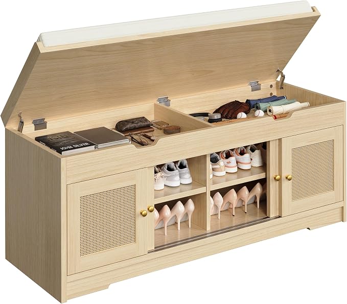 LIKIMIO 47.2" Shoe Bench with Lift Top Storage, Entryway Bench with Cushioned Seat, 2-Tier Rattan Shoe Cabinet with Adjustable Shelf, Storage Bench for Bedroom, Living Room, Hallway, Natural - Image 8