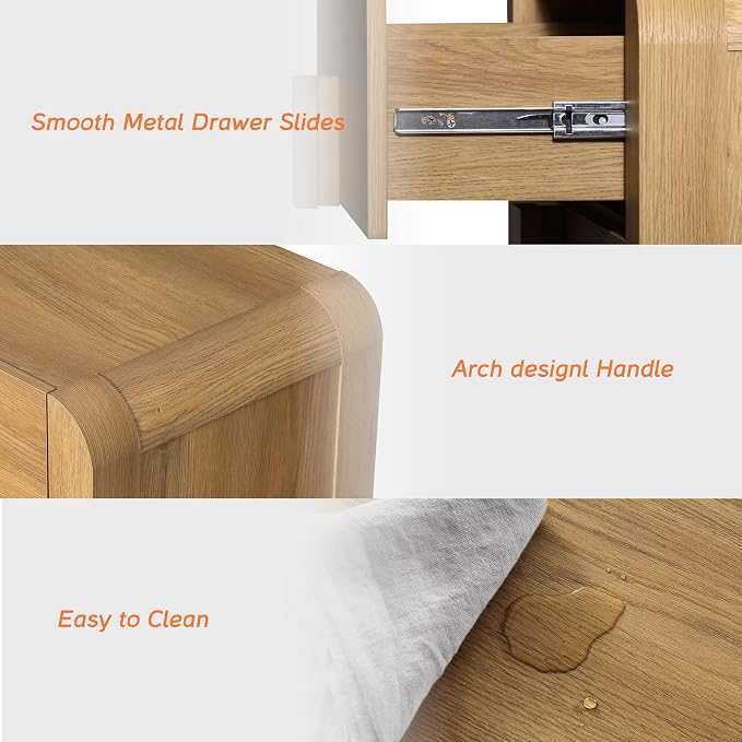 WAMPAT Nightstands Set of 2, Large Nightstands with 3 Drawers, Modern 31.5" Tall Wooden End Tables with Storage, Walnut Nightstands Bedside Tables with Curved Design for Bedroom - Image 7