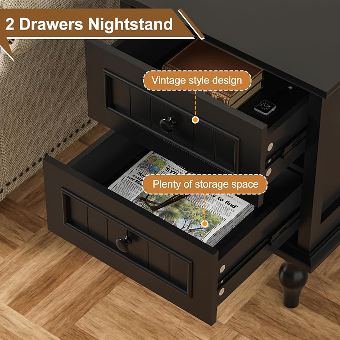 Scurrty Vintage Nightstand, Antique Style End Table with 2 Drawers, Taller Nightstand for Bedroom, Side Table for Bedroom (Black, Single) - Image 6