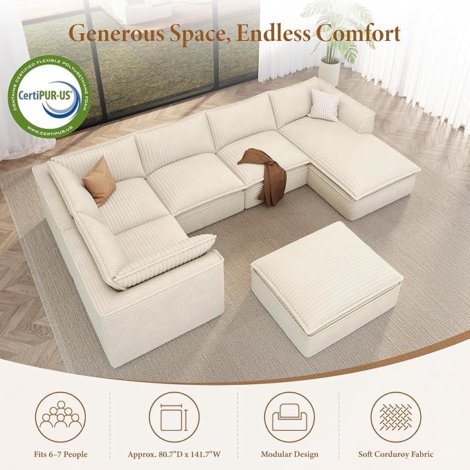 Vesgantti 141.7" Oversized Sectional Boneless Couch, 7 Seater Modular Sofa with Chaise & Ottoman & Armrest, Deep Seat Plush Corduroy Cloud Couches for Living Room, No Assembly Required, Beige
