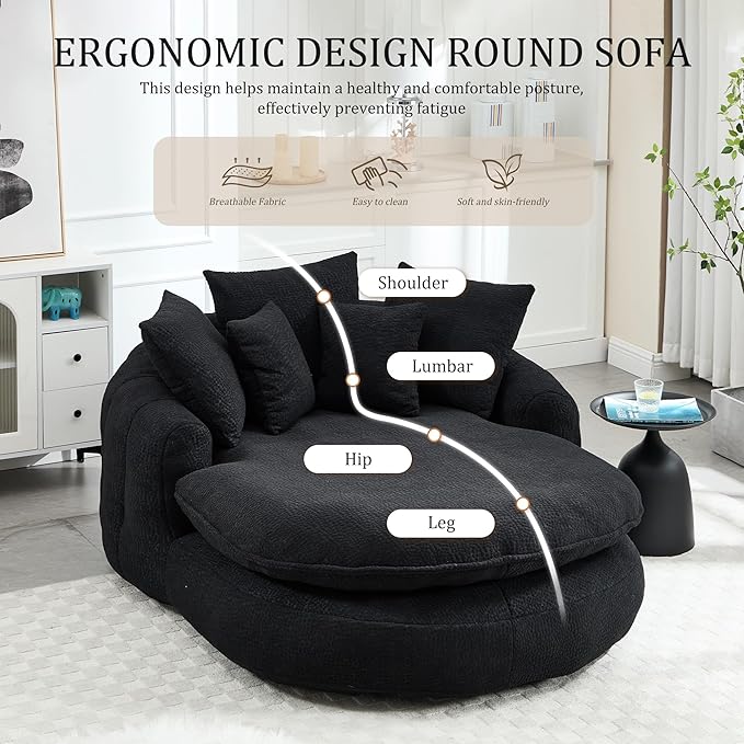 KEIKI 71" Chenille Round Boneless Sofa Couch, Oversized Chaise Lounge Chair Couches Indoor, No Assembly Required Floor Lazy Bean Bag, Modern Sleeper Sofa Bed for Living Guest Room & Bedroom, Black