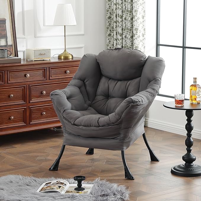 Furlide Lazy Chair for Living Room, Modern Accent Chairs with Armrests, Dark Grey Armchairs with Side Pocket, Cozy Lazy Sofa for Reading, Balcony, Bedroom, Dorm, Small Spaces