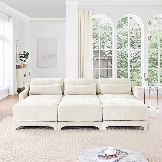 Ball & Cast 105.9” Modular Sectional Sofa, Comfy Cloud Couch with Lumbar Pillows and 3 Ottoman, Deep Seat Chenille Modular Sofa, Sectional Couches for Living Room, Bedroom and Apartment, Beige