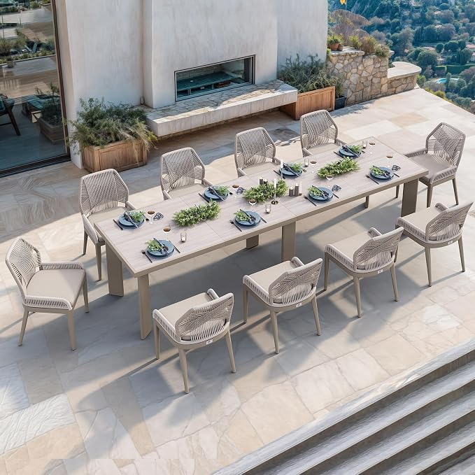PURPLE LEAF 11 Pieces Patio Dining Set Aluminum Modern Rectangular Table and Wicker Chairs with Cushions for Kitchen Porch Garden Outdoor Furniture Sets, Champagne by PURPLELEAF