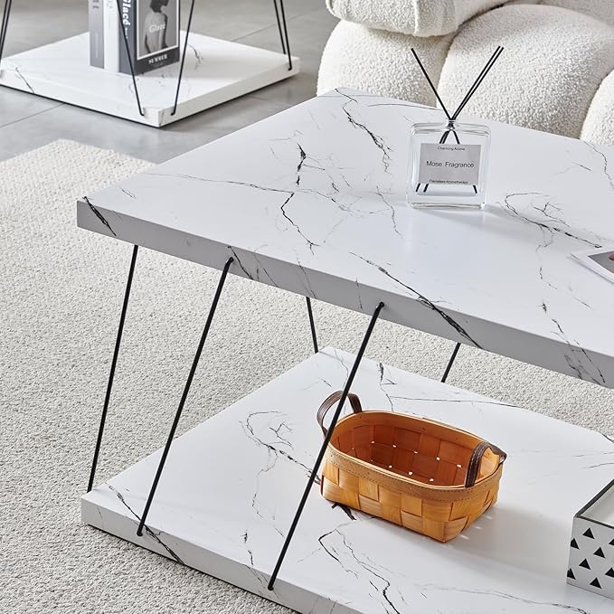 Btrpily Wooden Coffee Table - Modern Marble Coffee Table， Contemporary, Stylish, High-End Furnishing for Your Living Room (White Marble, Rectangle)