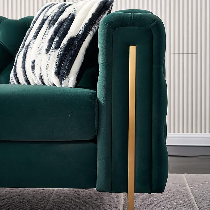 KEIKI 84" Chesterfield Velvet Tufted Button Sofa with Removable Cushions and 2 Toss Pillows, Modern 3-Seater Couch with 4 Gold Metal Legs, Easy Assembly, for Living Room, Bedroom, Apartment, Green