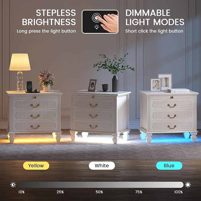 25.6'' Wide Bedside Table with 3 Drawers & Pull-out Tray, Smart Night Stand with Outlet & Charger Station, Large Nightstand with 3-color LED Lights, Farmhouse Solid Wood Leg for Bedroom, Antique White - Image 3