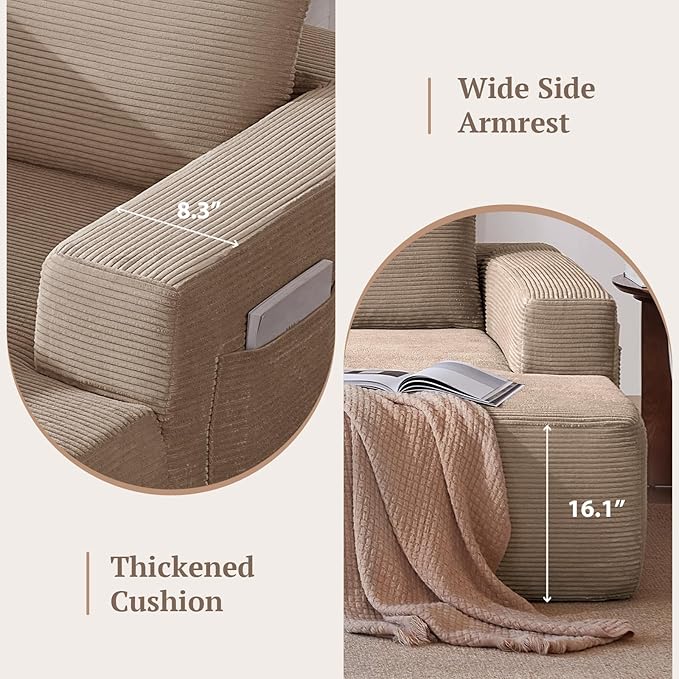 97inch Boneless L-Shaped Sectional Sofa with Throw Pillow & Side Pockets- No Assembly Compressed Modular Couch, Memory Foam, Deep Seat for Living Room, Bedroom, Apartment Camel Right