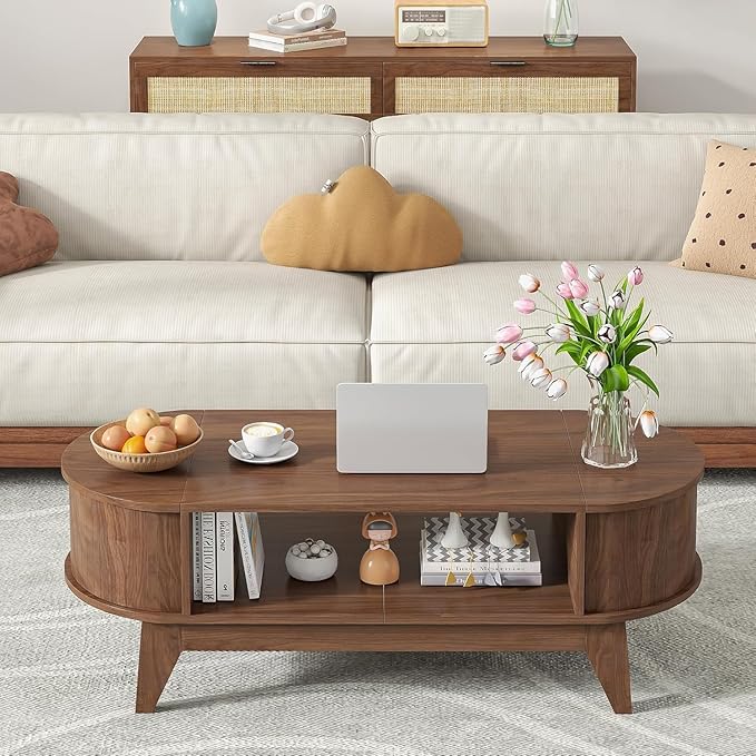 46.45'' Oval Coffee Tables for Living Room, Mid Century Modern Coffee Table with Storage, Wood Fluted Accent Center Table with Flip-Top Lids for Home,Office(Walnut)