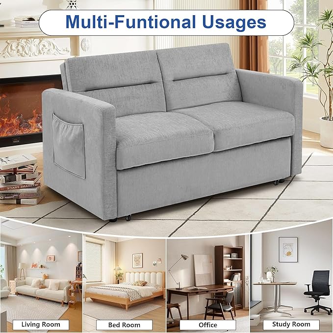 Loveseat Sleeper Sofa Bed, Pull Out Couch Comfortable Chenille Fabric, Adjustable Backrest, Resilient Sponge Cushions, Sturdy Wood Frame, Side Storage Pockets, Grey