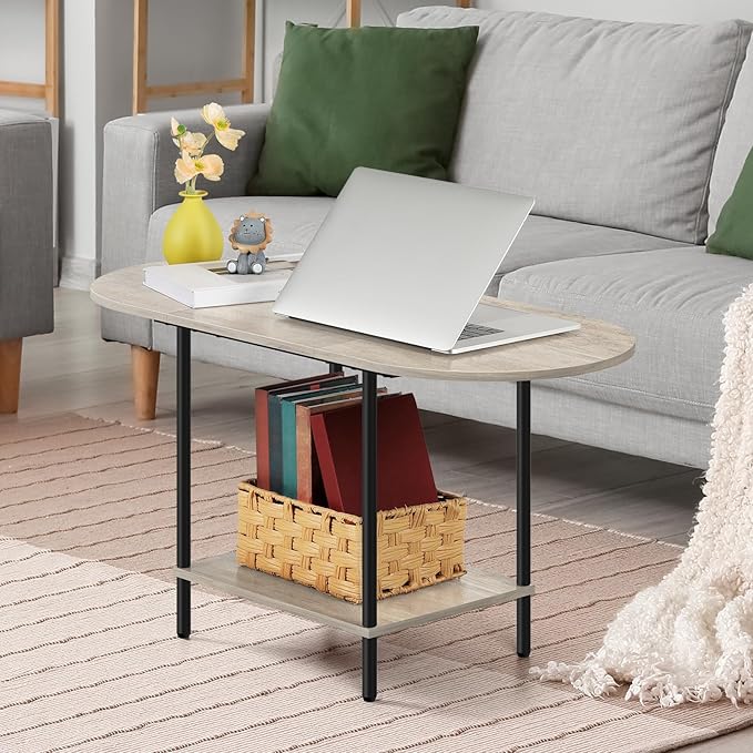 ETELI Round Coffee Table for Small Space Farmhouse Oval Coffee Table with 2-Tier Shelf Circle Center Tea Table for Living Room, Grey
