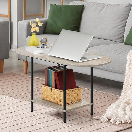 ETELI Round Coffee Table for Small Space Farmhouse Oval Coffee Table with 2-Tier Shelf Circle Center Tea Table for Living Room, Grey