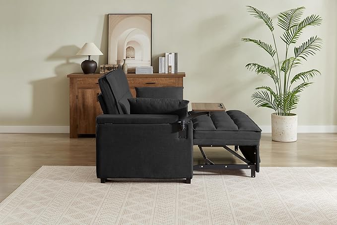 Eafurn Convertible Sleeper Sofa Bed with 360° Swivel Table & USB Ports, Tufted Chenille Loveseat Pull-Out Couch with Storage Armrest & Cup Holders, 6-Level Adjustable Backrest