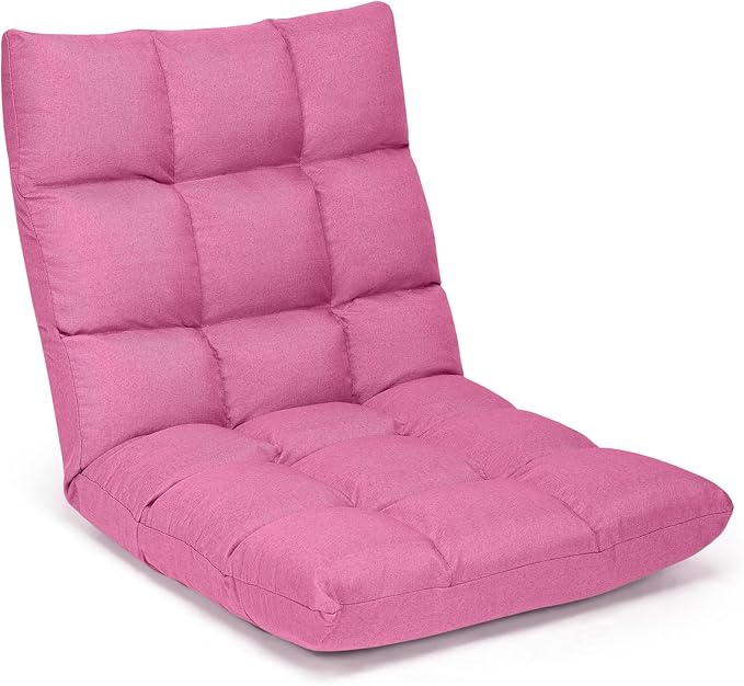 Giantex Adjustable Floor Gaming Sofa Chair 14-Position Cushioned Folding Lazy Recliner High Resilience Sponge, Breathable Cotton & Linen Fabric Sleeper Bed Couch Recliner with Removable Cover (Pink)
