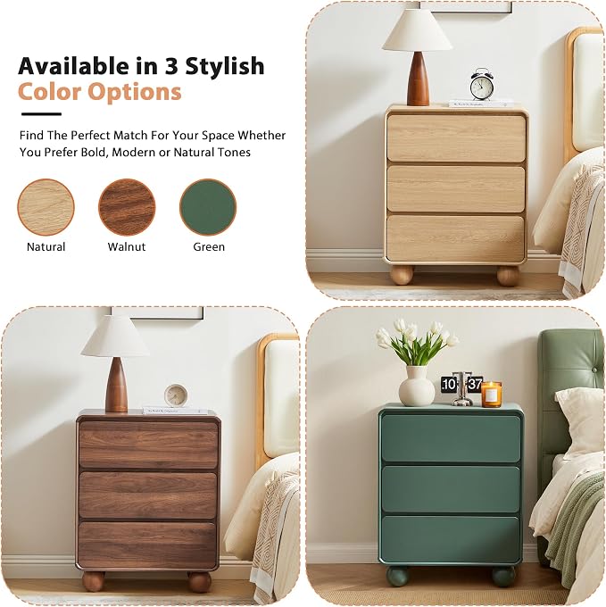AVZEAR Wooden Night Stand wth 3 Drawer Dresser Mid Century Modern End Table Chest of Drawers, Solid Wood Legs & Curved Profile Design, Farmhouse Side Table for Living Room, Natural - Image 6