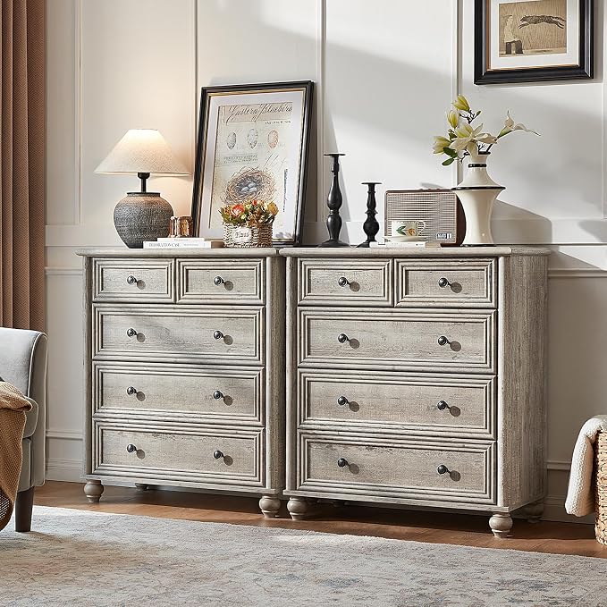 RWYHG Farmhouse 5 Drawer Dresser for Bedroom Set of 2, 35.5" Tall Small Dressers & Chest of Drawers, Rustic Wood Dresser with Roman Column, Storage Organizer for Living Room, Hallway, Closet (Grey) by RWYHG