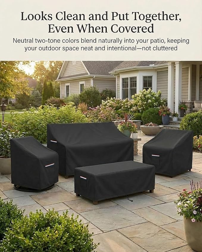 4-Piece Patio Furniture Cover Set, Waterproof Outdoor Furniture Covers for Loveseat, Patio Chairs & Coffee Table, Heavy-Duty 600D, Fade & UV-Resistant, Breathable, All-Season Protection, Black - Image 4