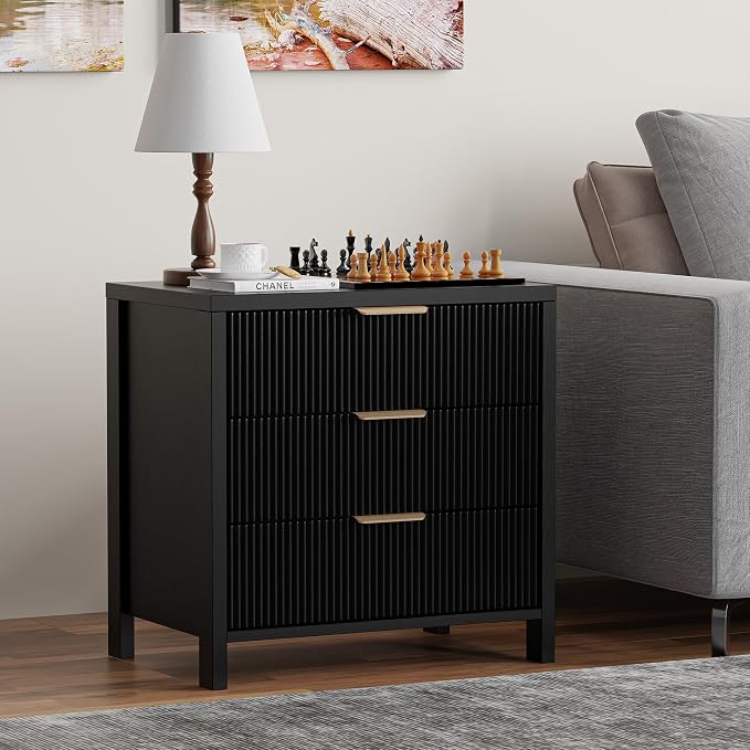Fluted Nightstand, 23.7'' Wide Night Stand with 3 Drawers, Mid-Century Modern Bedside Table with Handles, Wood End Table for Bedroom, Black - Image 7