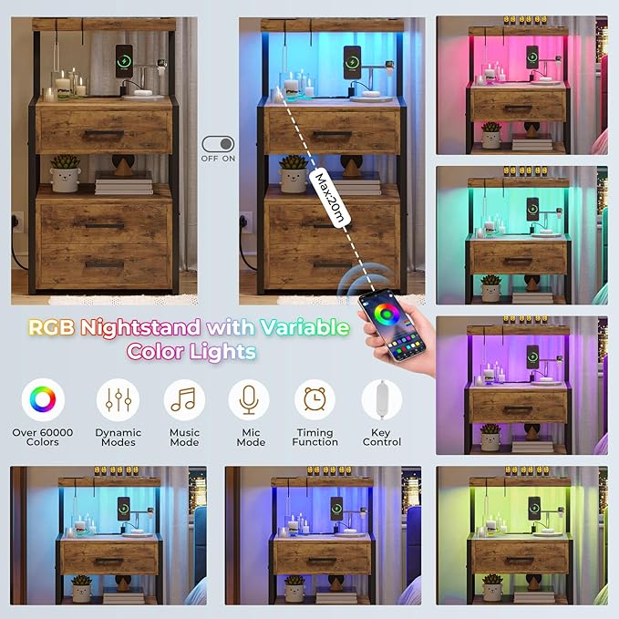 VIAGDO Led Nightstand with Charging Station, 3 Drawers Night Stands with Led Lights, Rustic Brown Bedside Tables with Storage Shelves, Modern End Side Tables for Bedroom, Office - Image 5