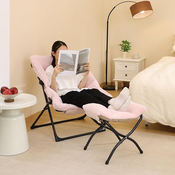 Comfy Saucer Chair for Adults, Soft Faux Fur Bedroom Chair, Accent Dorm Chairs, Flexible Living Room Reading Chairs, Oversized Folding Seat for Teens, X-Large, Light Pink
