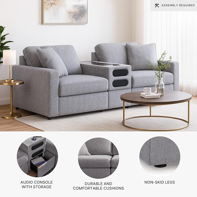 Signature Design by Ashley Modmax Casual Modular Stain Resistant 3-Piece Sectional with Audio Console, Drawer Storage, USB Ports and 2 Accent Pillows, Gray