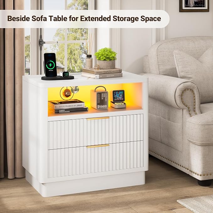 ELYKEN White Fluted Nightstand Set of 2, 24" Wide Night Stand with Charging Station & LED Light, Wooden Bedside Table with 2 Drawer & USB for Bedroom Living Room - Image 4