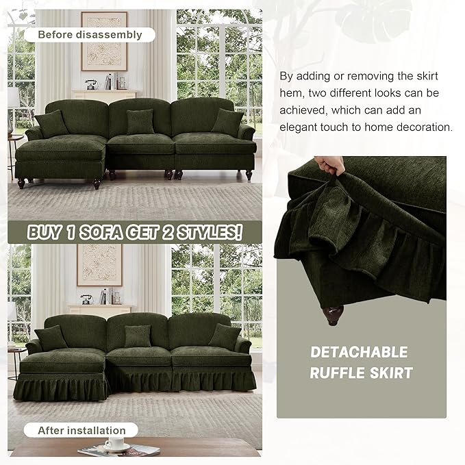 KEIKI Mid Century Modular Sofa with Flared Arms and Skirted Design, 76" Loveseat with Ottoman Chenille L-Shaped Sectional Couches for Living Room, Small Spaces Soft Chaise Lounge Indoor, Green