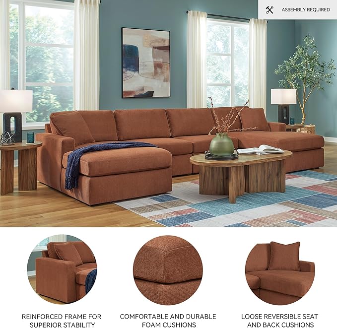 Signature Design by Ashley Modmax Stain Resistant Minimalist Modular Anti Sag 4-Piece Double Chaise Sectional with Loose Reversible Cushions and 2 Accent Pillows, Orange